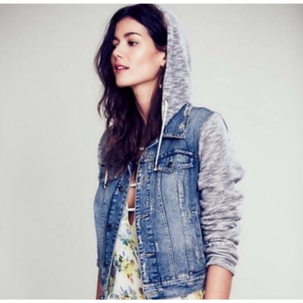 Free People Sweatshirt Denim Hoodie Distressed Jacket Size Small Blue Gray Boho